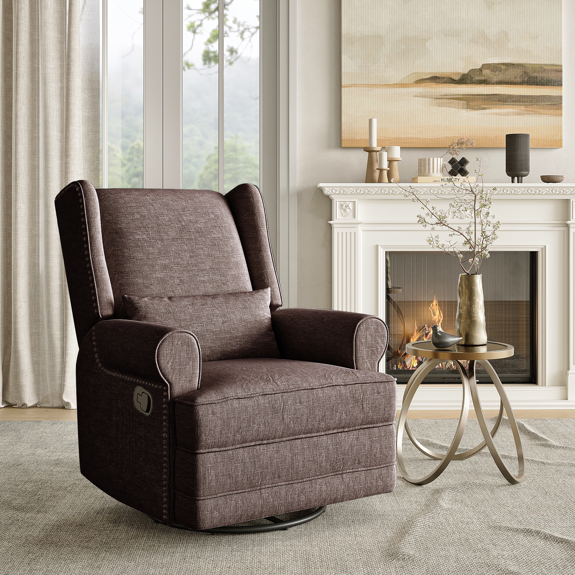 Swivel Recliner Chair, Comfy Glider Rocking Chairs With Lumbar Pillow And Footrest, Upholstered Swivel Rocking Chair For Bedroom,Nursery, Brown_voghion.com